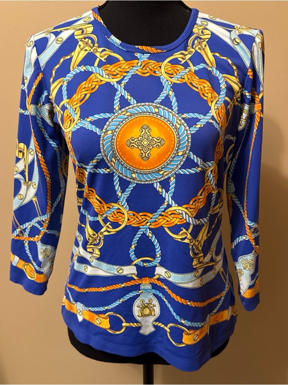 J. McLaughlin Cobalt Blue Chain & Medallion Print Top